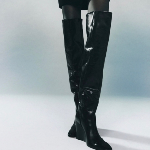 NWT Zara Leather Over The Knee Wedge Heel Boots, Size 7.5 - Picture 6 of 17